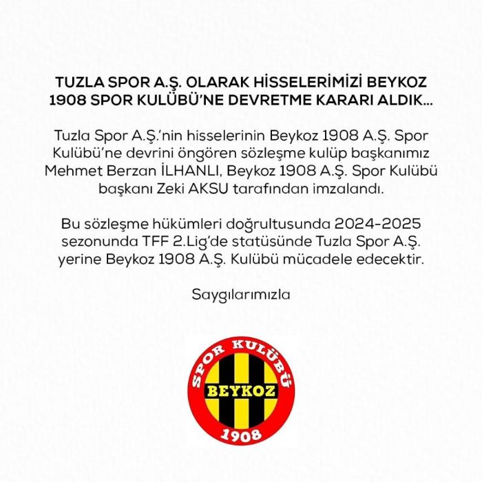 Tuzlaspor, hisselerini Beykoz 1908 SK'ya devrettiini aklad