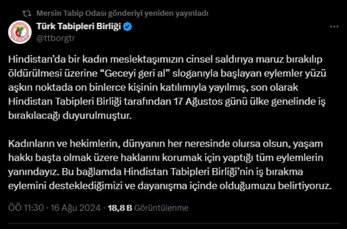 Mersin Tabip Odasndan Hindistanl meslektalarna destek