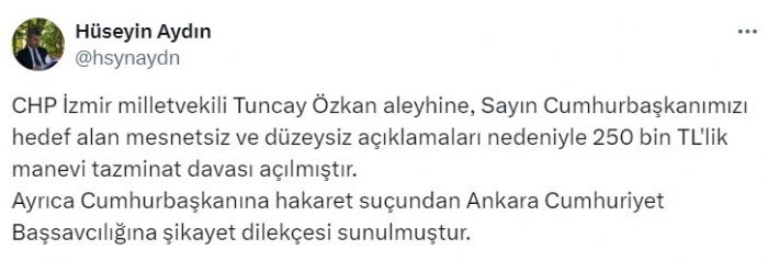 Cumhurbakan Erdoandan CHP zmir Milletvekili Tuncay zkana tazminat davas