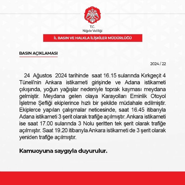 Nide'de Krkgeit 4 Tneli'nde toprak kaymas nedeniyle ulam ksa sreli aksad