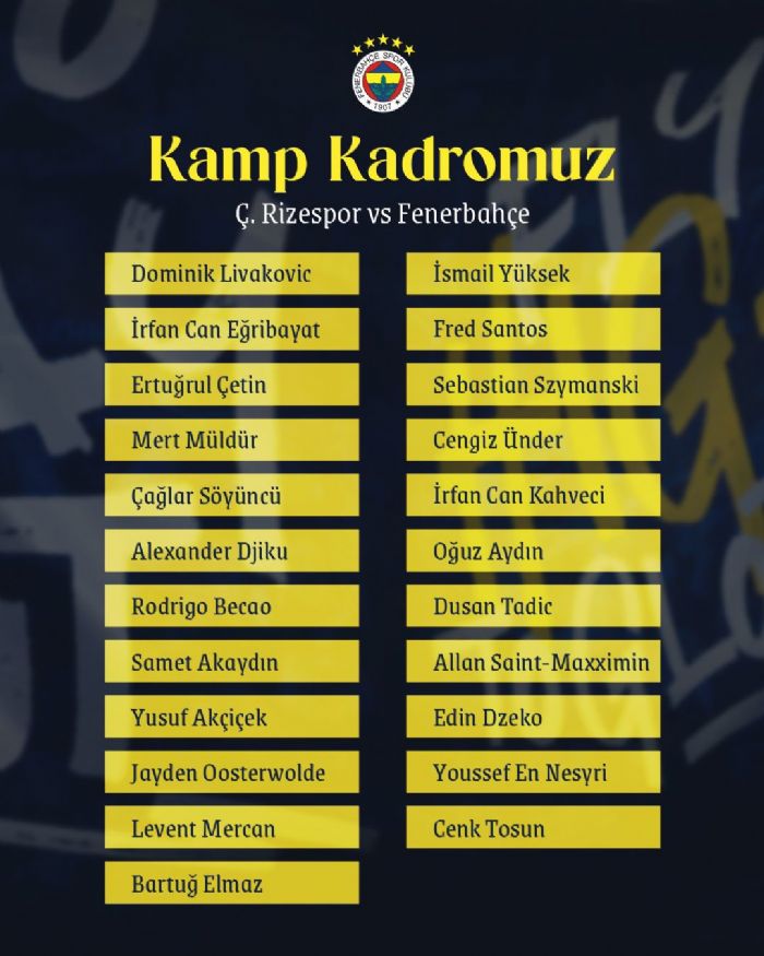 Fenerbahe'nin aykur Rizespor ma kamp kadrosu belli oldu