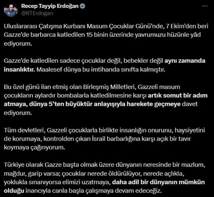 Cumhurbakan Erdoandan Dnyaya Gazze ars