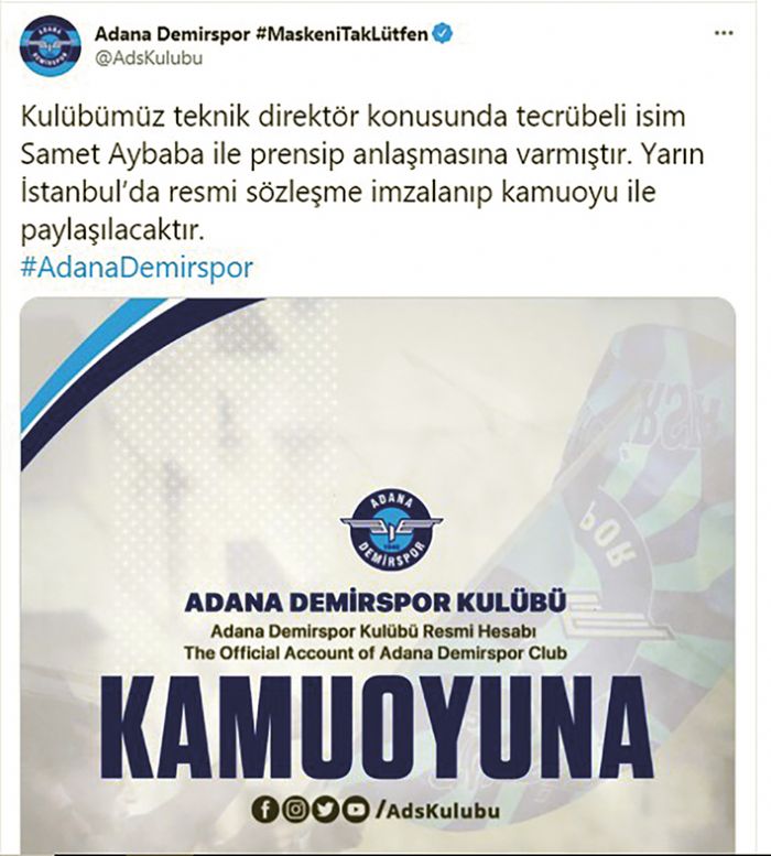 Adana Demirspor Samet Aybaba ile prensip anlamasna vard