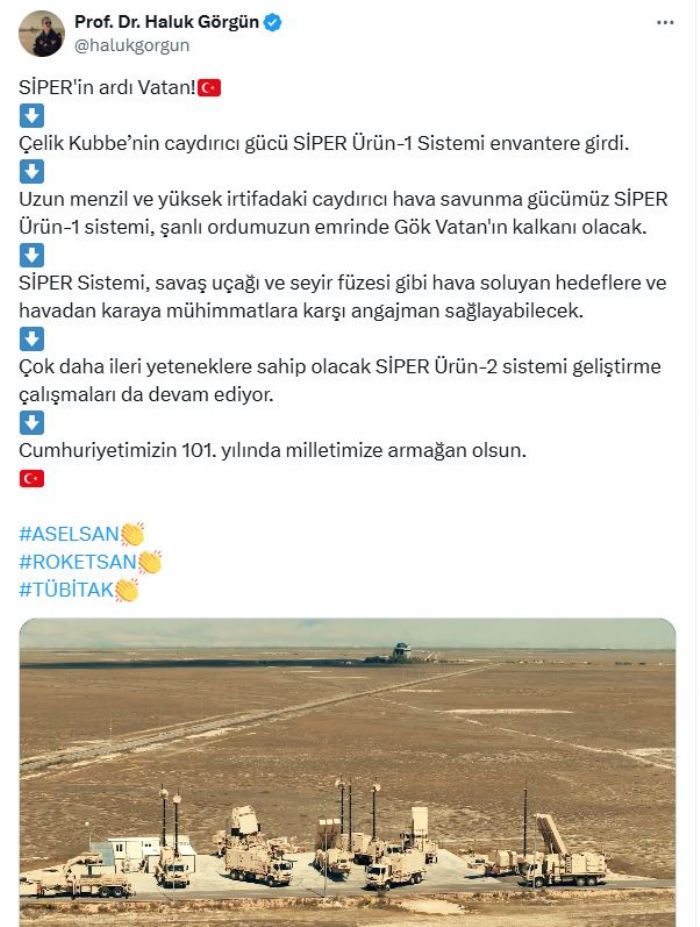 Savunma Sanayii Bakan Grgn: Siper rn-1 Sistemi envantere girdi