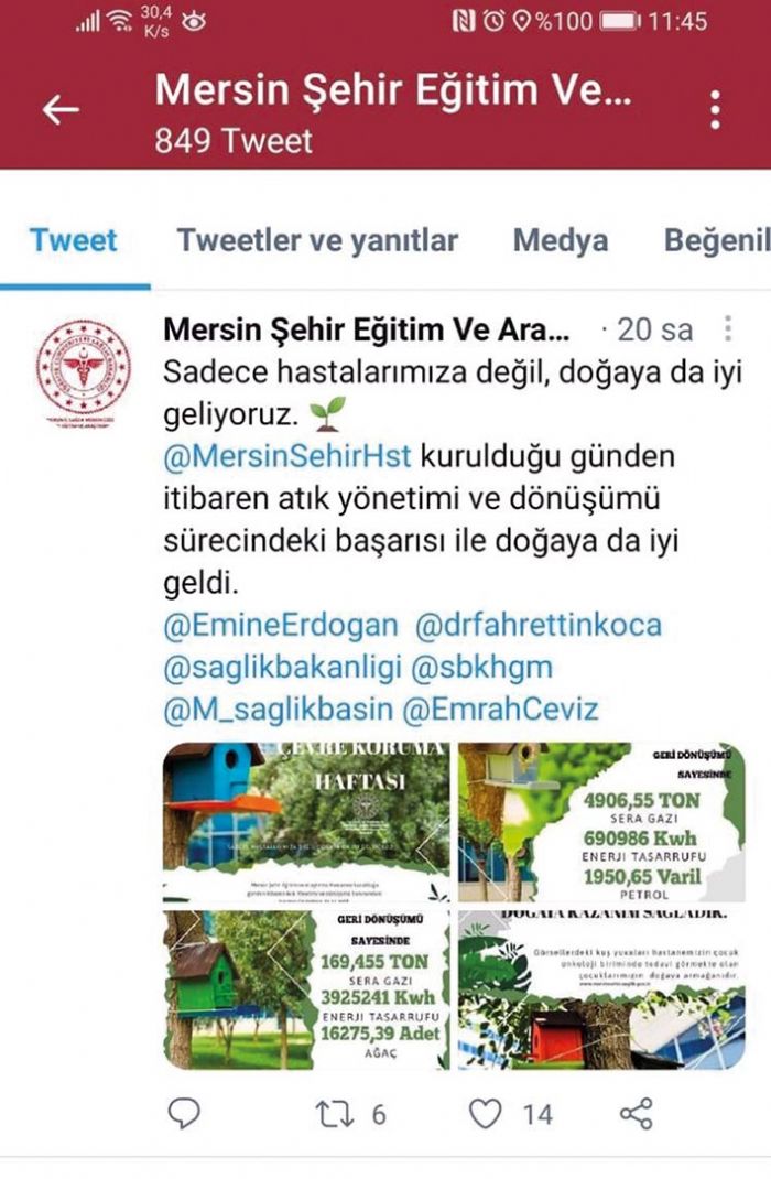 Mersin ehir Hastanesi evreye de katk salyor