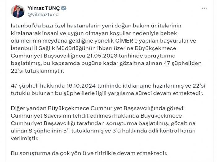 Bakan Tun: 'Yenidoan etesi' sorumasnda gzaltna alnan 47 pheliden 22'si tutukland