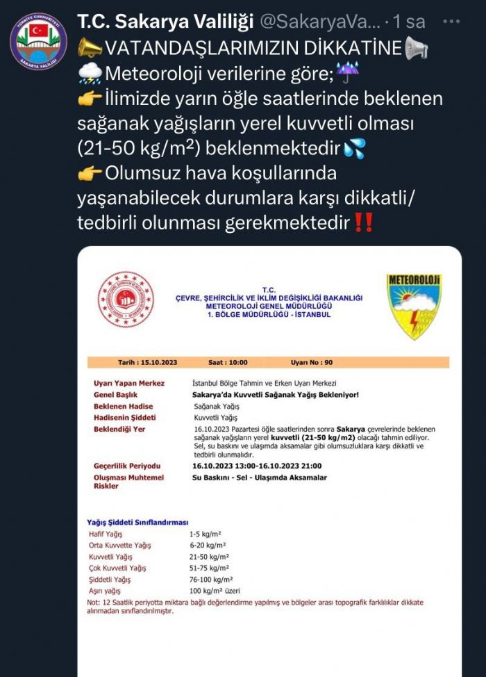 Sakarya Valilii, Yarnki Kuvvetli Saanak Ya in Uyar Yapt